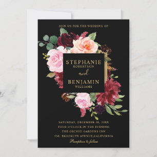 Burgundy Red Navy Blommigt Rustic Boho Bröllop Inbjudningar