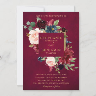 Burgundy Red Navy Blommigt Rustic Boho Bröllop Inbjudningar