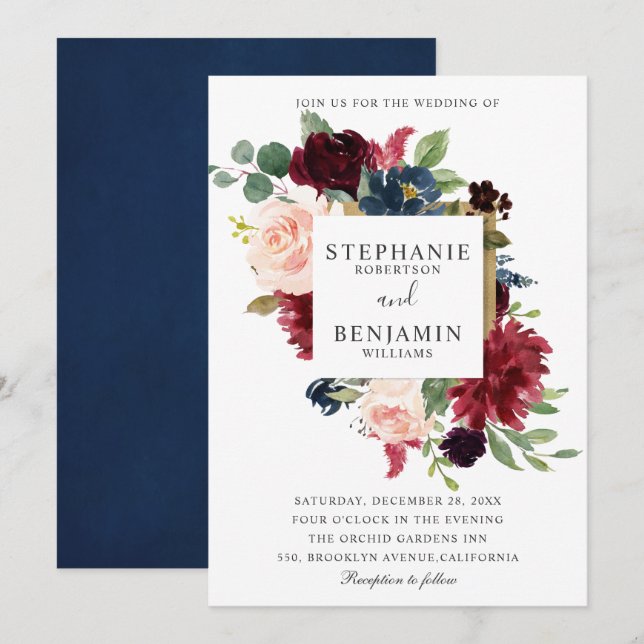 Burgundy Red Navy Blommigt Rustic Boho Bröllop Inbjudningar (Fram/baksida)