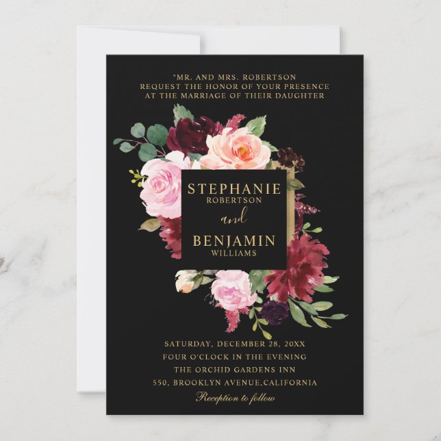 Burgundy Red Navy Blommigt Rustic Boho Bröllop Inbjudningar (Framsida)