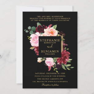 Burgundy Red Navy Blommigt Rustic Boho Bröllop Inbjudningar