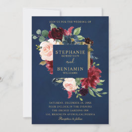 Burgundy Red Navy Blommigt Rustic Boho Bröllop Inbjudningar