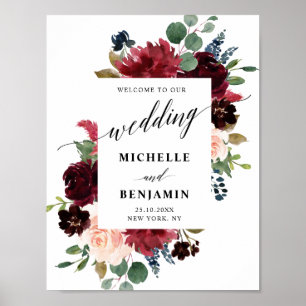 Burgundy Red Navy Blommigt Rustic Boho Bröllop Poster