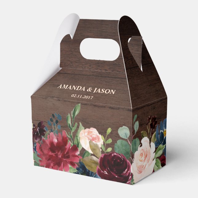 Burgundy Red Navy Blommigt Rustic Boho Bröllop Presentaskar (Framsidan Sidan)