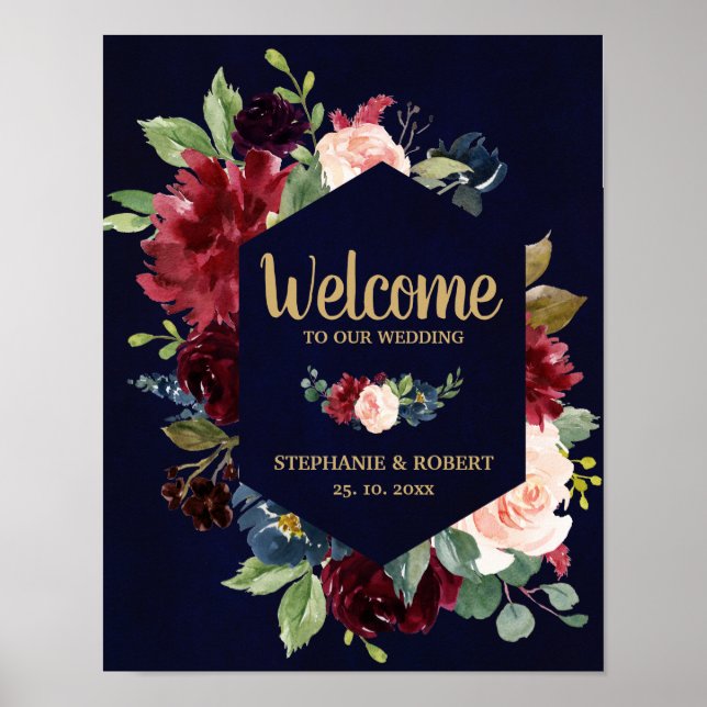 Burgundy Red Navy Blommigt Rustic Boho Bröllop Sig Poster (Framsidan)