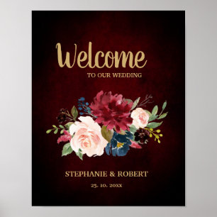 Burgundy Red Navy Blommigt Rustic Boho Bröllop Sig Poster