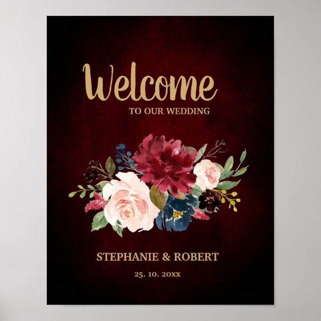 Burgundy Red Navy Blommigt Rustic Boho Bröllop Sig Poster (Framsidan)