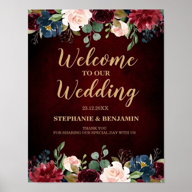 Burgundy Red Navy Blommigt Rustic Boho Bröllop Sig Poster (Framsidan)