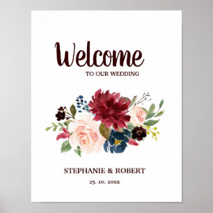 Burgundy Red Navy Blommigt Rustic Boho Bröllop Sig Poster
