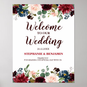 Burgundy Red Navy Blommigt Rustic Boho Bröllop Sig Poster