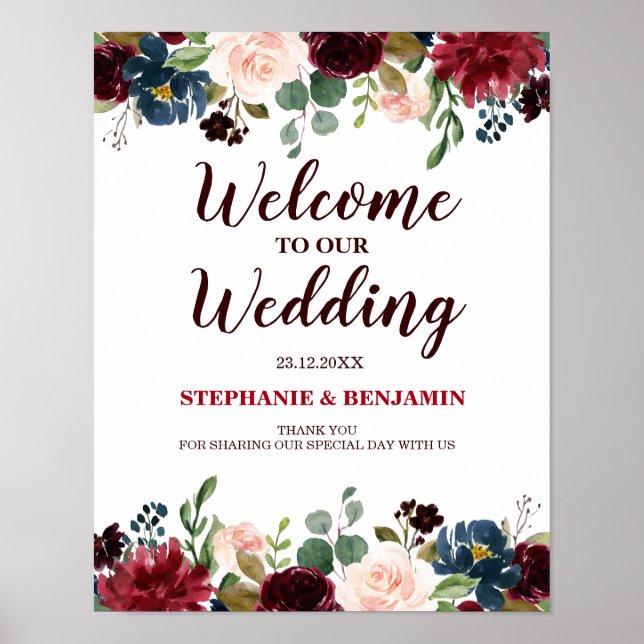 Burgundy Red Navy Blommigt Rustic Boho Bröllop Sig Poster (Framsidan)