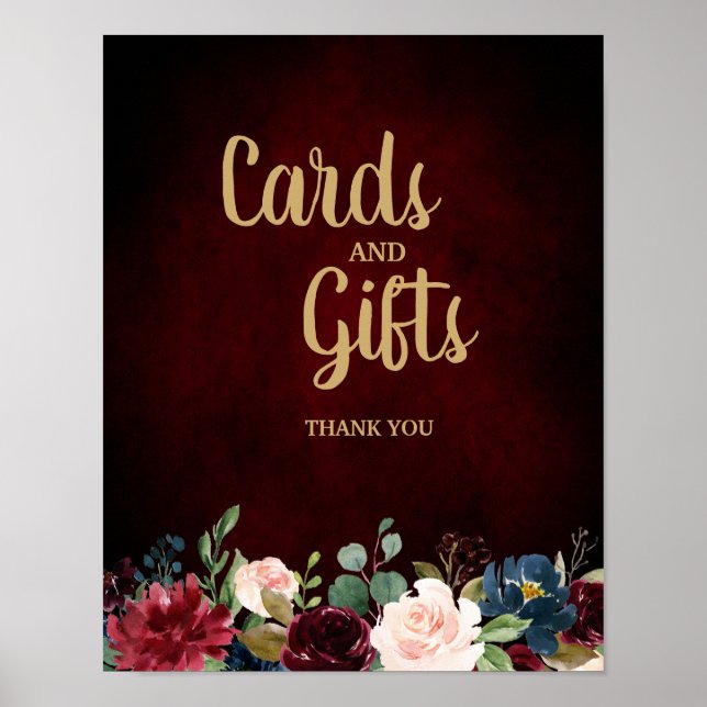 Burgundy Red Navy Blommigt Rustic Boho Bröllop Sig Poster (Framsidan)