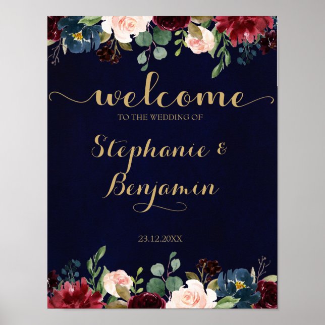 Burgundy Red Navy Blommigt Rustic Boho Bröllop Sig Poster (Framsidan)
