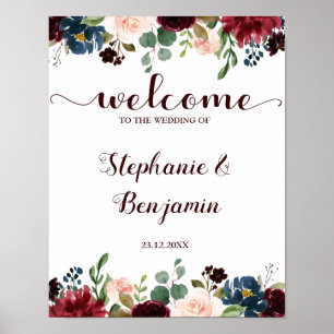 Burgundy Red Navy Blommigt Rustic Boho Bröllop Sig Poster