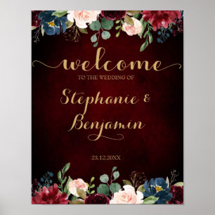Burgundy Red Navy Blommigt Rustic Boho Bröllop Sig Poster