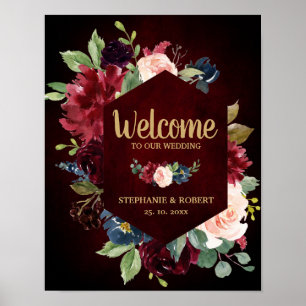Burgundy Red Navy Blommigt Rustic Boho Bröllop Sig Poster