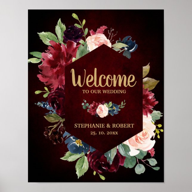 Burgundy Red Navy Blommigt Rustic Boho Bröllop Sig Poster (Framsidan)