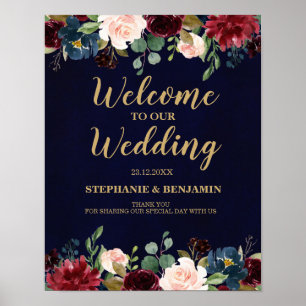 Burgundy Red Navy Blommigt Rustic Boho Bröllop Sig Poster