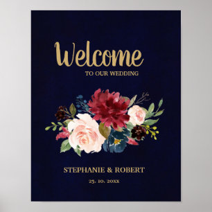 Burgundy Red Navy Blommigt Rustic Boho Bröllop Sig Poster