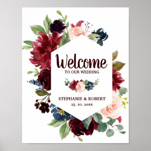 Burgundy Red Navy Blommigt Rustic Boho Bröllop Sig Poster
