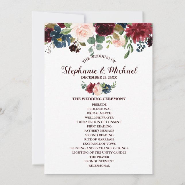 Burgundy Red Navy Blommigt Rustic Boho Fläkt Front Inbjudningar (Framsida)