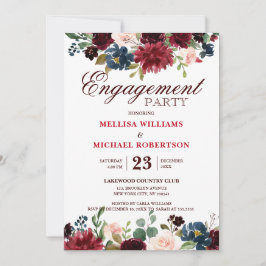 Burgundy Red Navy Blommigt Rustic Boho Förlovning Inbjudningar