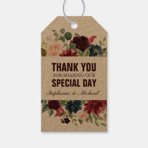 Burgundy Red Navy Blommigt Rustic Boho Gift märkre Presentetikett