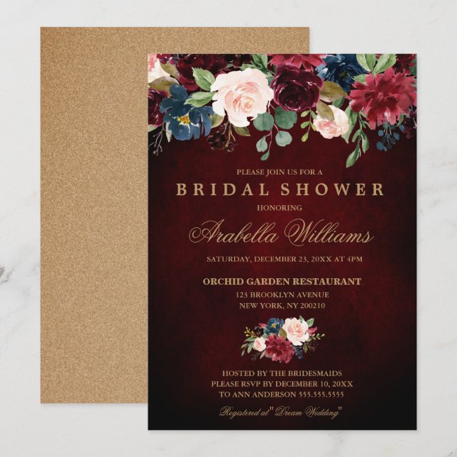 Burgundy Red Navy Blommigt Rustic Boho Möhippa Inbjudningar (Fram/baksida)