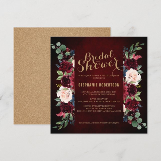Burgundy Red Navy Blommigt Rustic Boho Möhippa Inbjudningar (Fram/baksida)