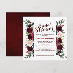 Burgundy Red Navy Blommigt Rustic Boho Möhippa Inbjudningar