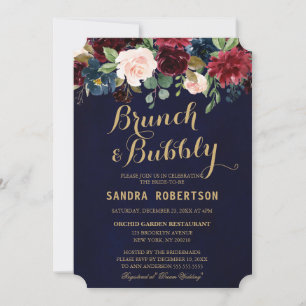 Burgundy Red Navy Blommigt Rustic Boho Möhippa Inbjudningar
