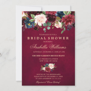Burgundy Red Navy Blommigt Rustic Boho Möhippa Inbjudningar