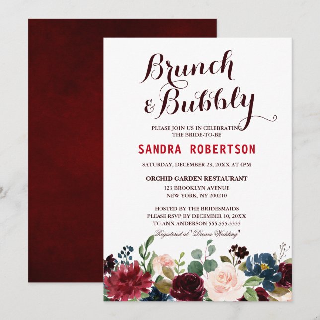 Burgundy Red Navy Blommigt Rustic Boho Möhippa Inbjudningar (Fram/baksida)