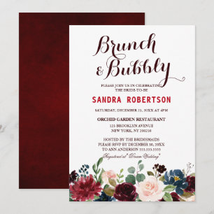 Burgundy Red Navy Blommigt Rustic Boho Möhippa Inbjudningar