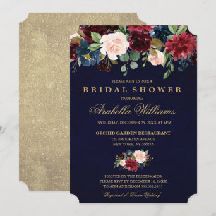 Burgundy Red Navy Blommigt Rustic Boho Möhippa Inbjudningar