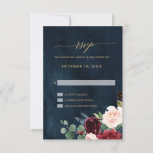 Burgundy Red Navy Blommigt Rustic Boho OSA Kort