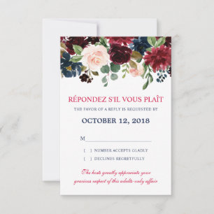 Burgundy Red Navy Blommigt Rustic Boho OSA Kort