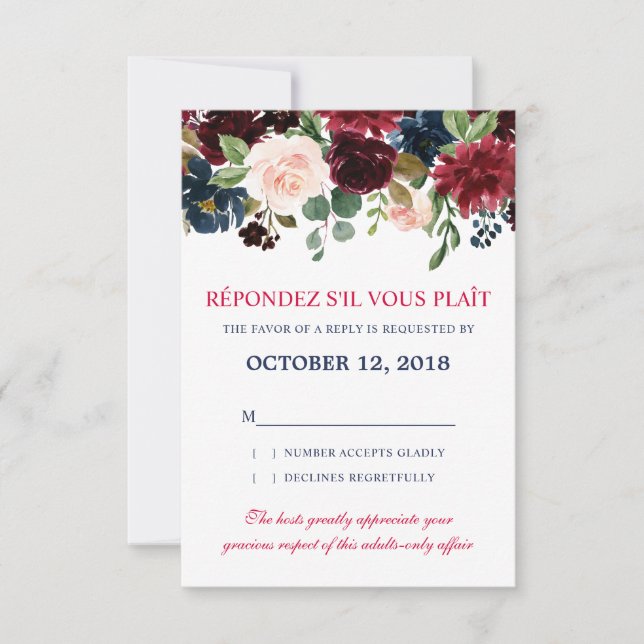 Burgundy Red Navy Blommigt Rustic Boho OSA Kort (Framsida)