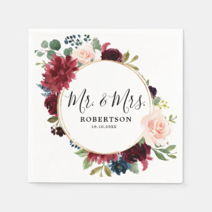 Burgundy Red Navy Blommigt Rustic Boho Papper Pappersservett
