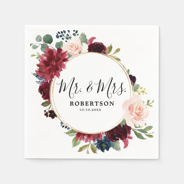 Burgundy Red Navy  Blommigt Rustic Boho Papper Pappersservett (Framsidan)