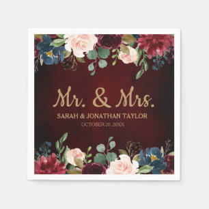 Burgundy Red Navy Blommigt Rustic Boho Pappersserv Pappersservett