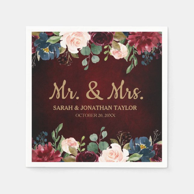 Burgundy Red Navy Blommigt Rustic Boho Pappersserv Pappersservett (Framsidan)