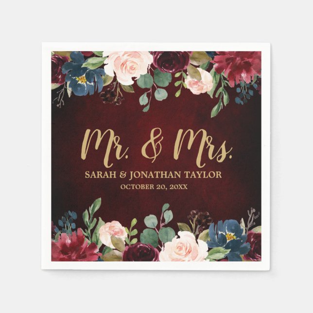 Burgundy Red Navy Blommigt Rustic Boho Pappersserv Pappersservett (Framsidan)