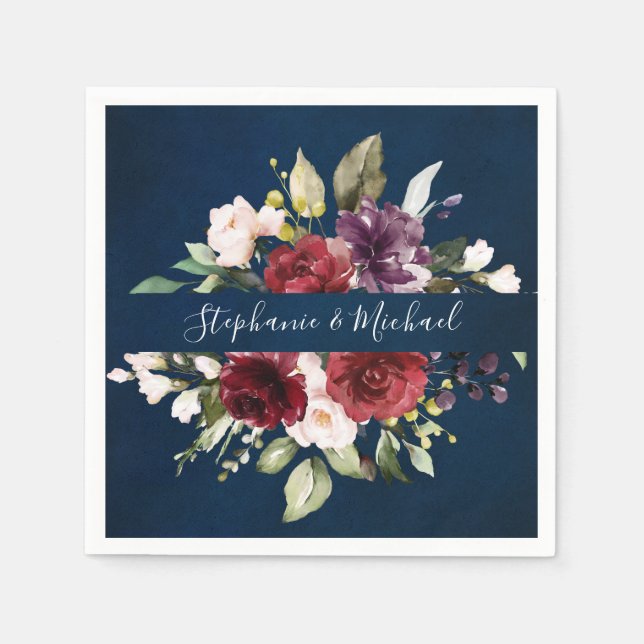 Burgundy Red Navy Blommigt Rustic Boho Pappersserv Pappersservett (Framsidan)