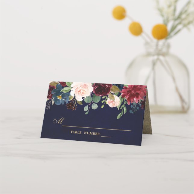 Burgundy Red Navy Blommigt Rustic Boho Place Card Placeringskort (Framsida)