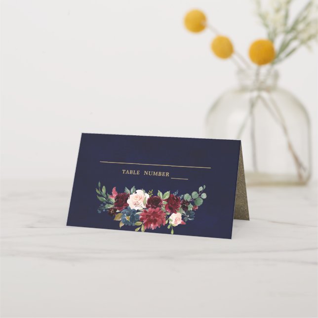 Burgundy Red Navy Blommigt Rustic Boho Place Card Placeringskort (Framsida)