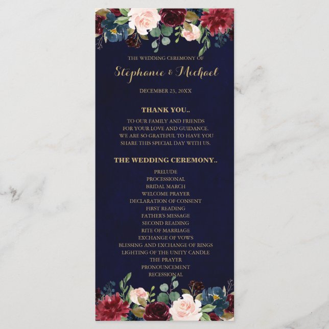 Burgundy Red Navy Blommigt Rustic Boho-programkort Program (Framsida)