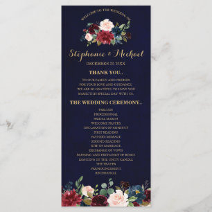 Burgundy Red Navy Blommigt Rustic Boho-programkort Program