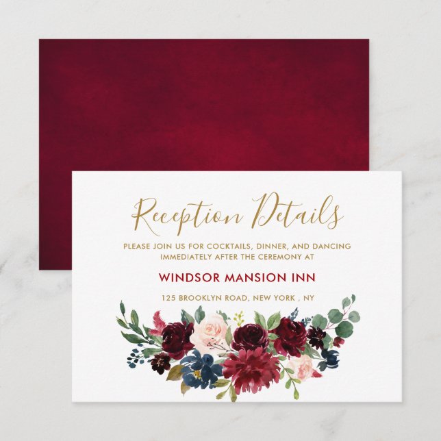 Burgundy Red Navy Blommigt Rustic Boho Reception Inbjudningar (Fram/baksida)