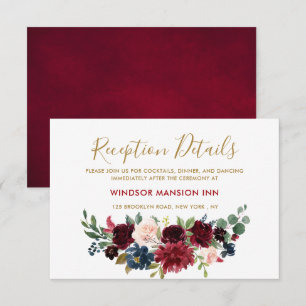 Burgundy Red Navy Blommigt Rustic Boho Reception Inbjudningar